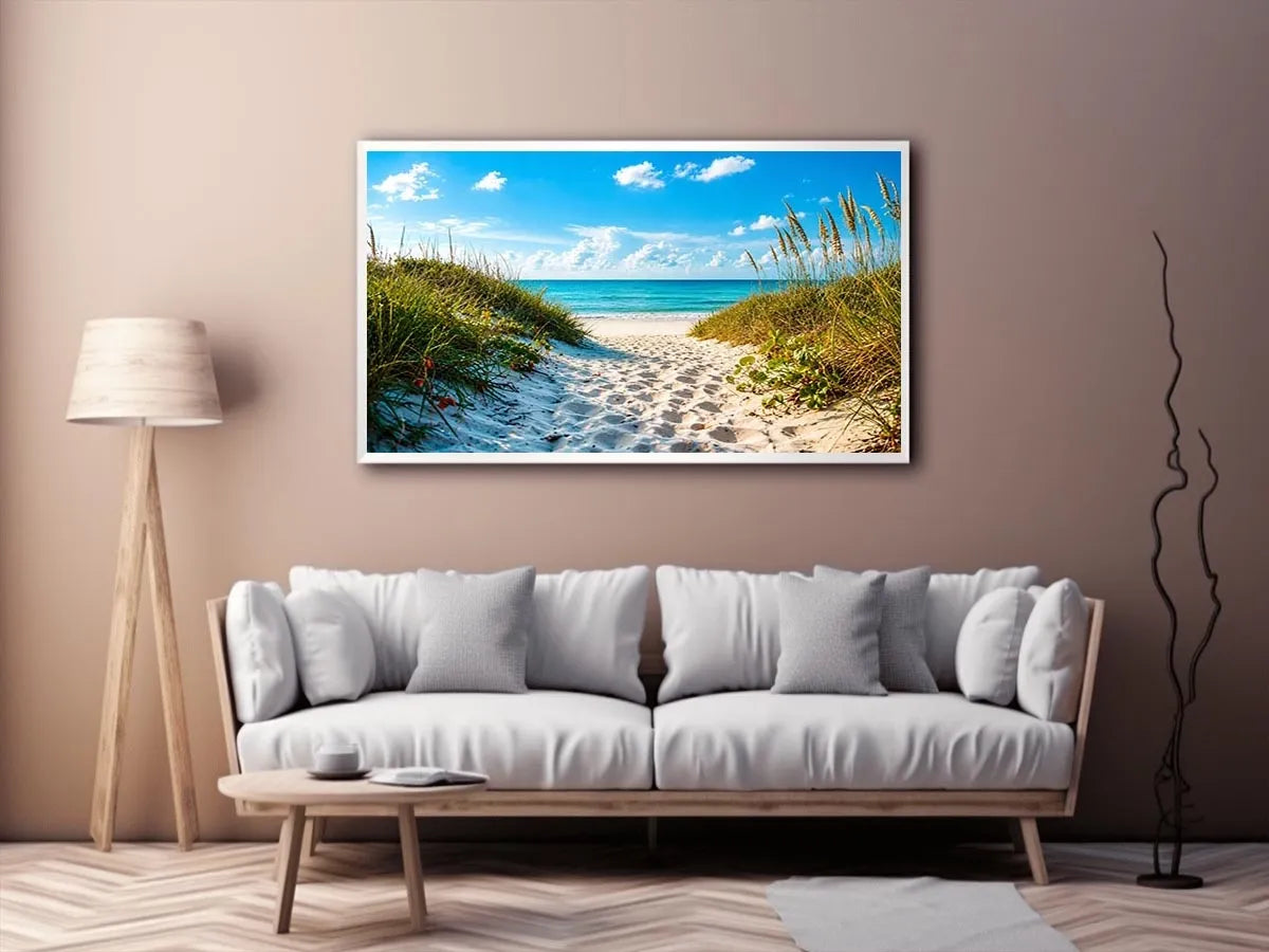 Sunny beach path to turquoise waves