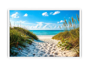 Sunny beach path to turquoise waves