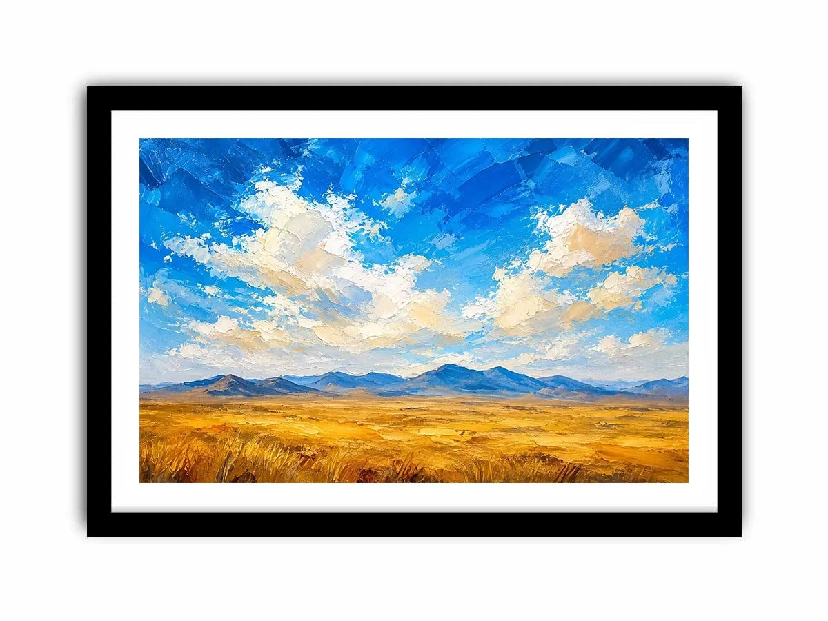 Vast golden plains beneath dramatic skies