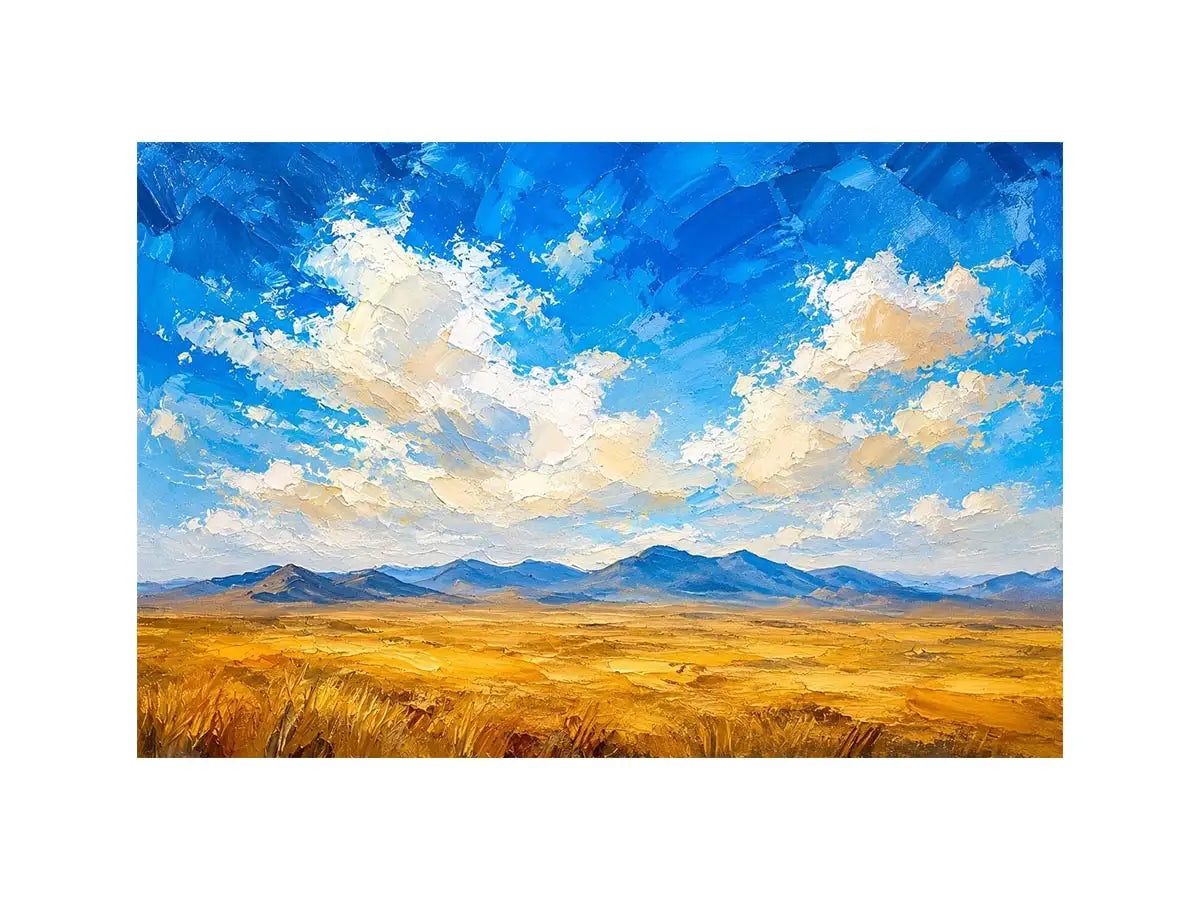 Vast golden plains beneath dramatic skies