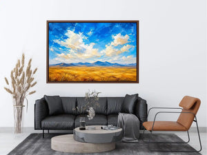 Vast golden plains beneath dramatic skies