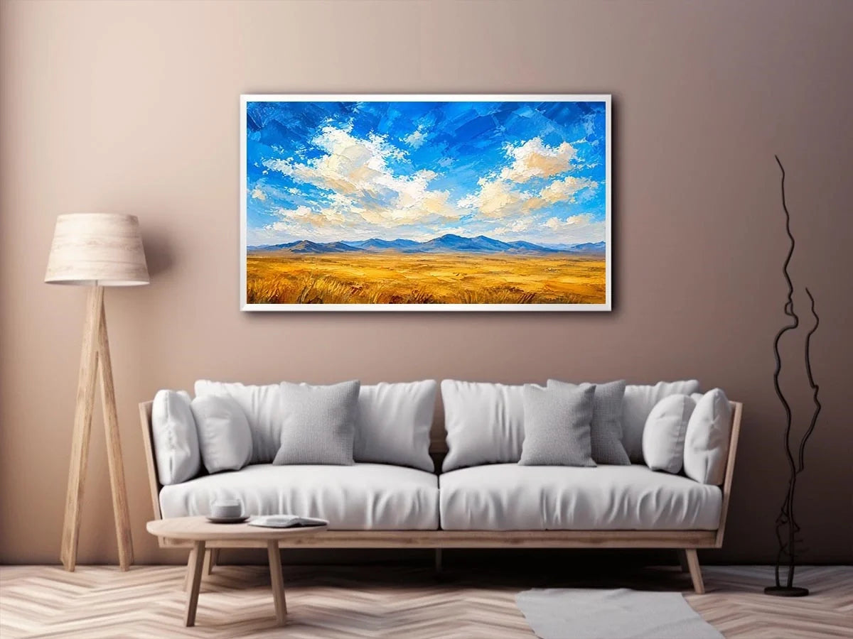 Vast golden plains beneath dramatic skies