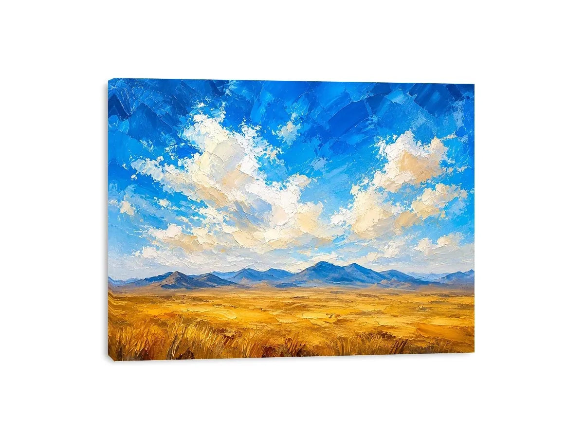 Vast golden plains beneath dramatic skies