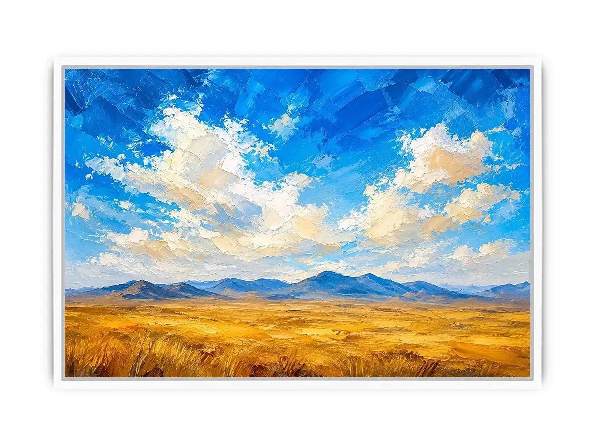 Vast golden plains beneath dramatic skies