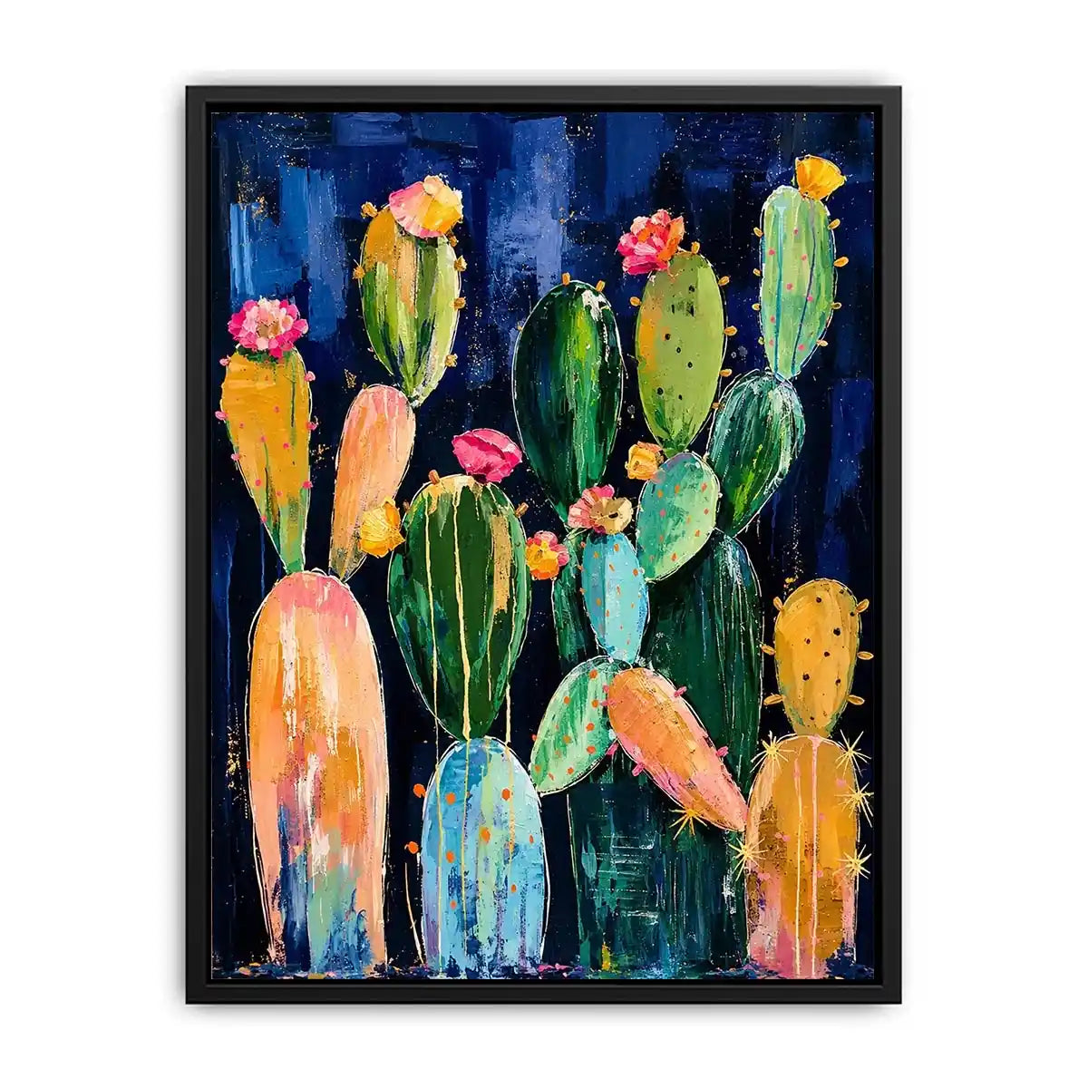 Vibrant cactus blooms on navy canvas