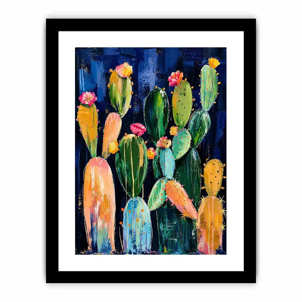 Vibrant cactus blooms on navy canvas