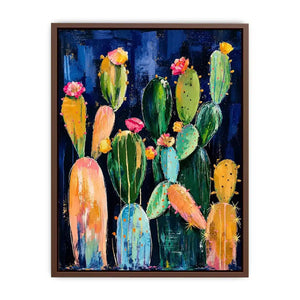 Vibrant cactus blooms on navy canvas