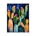 Vibrant cactus blooms on navy canvas