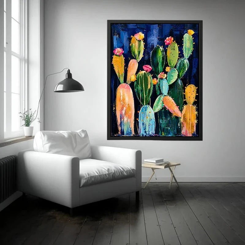 Vibrant cactus blooms on navy canvas