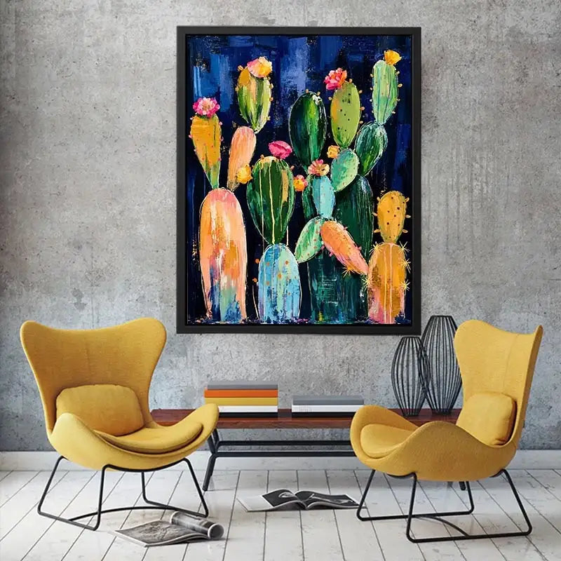 Vibrant cactus blooms on navy canvas