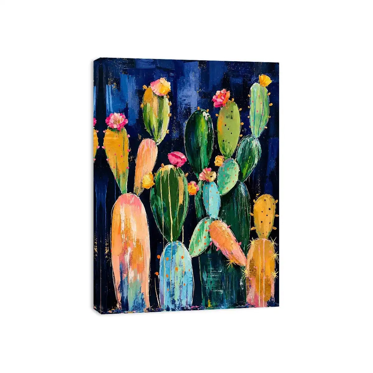 Vibrant cactus blooms on navy canvas