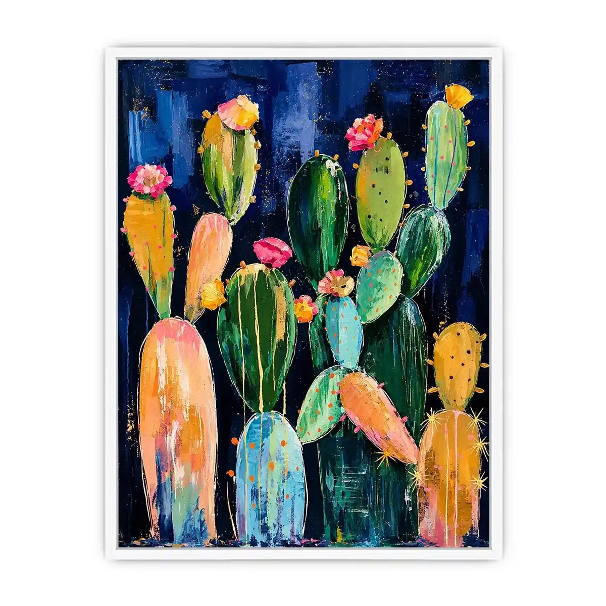 Vibrant cactus blooms on navy canvas
