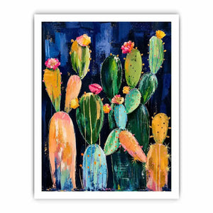 Vibrant cactus blooms on navy canvas