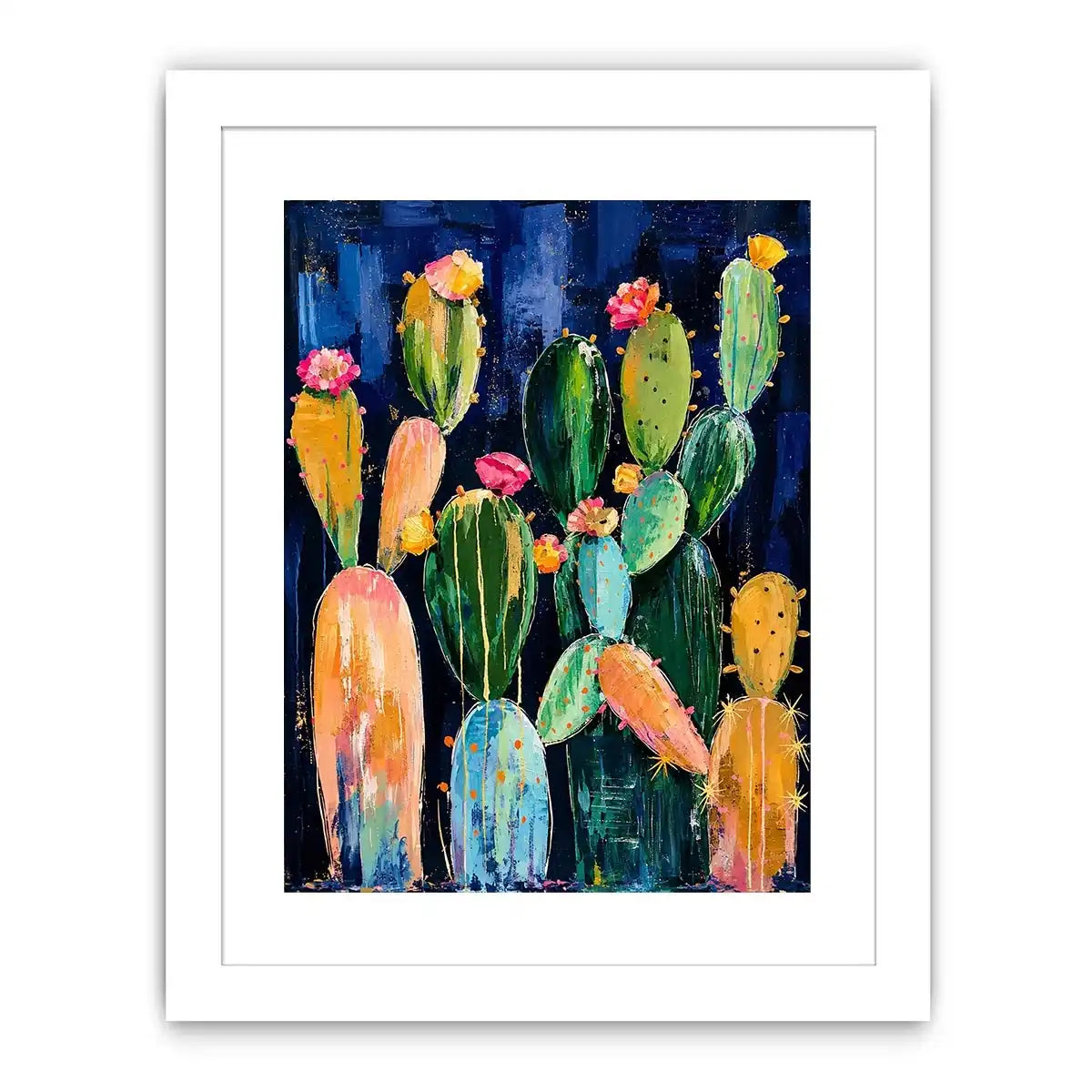 Vibrant cactus blooms on navy canvas