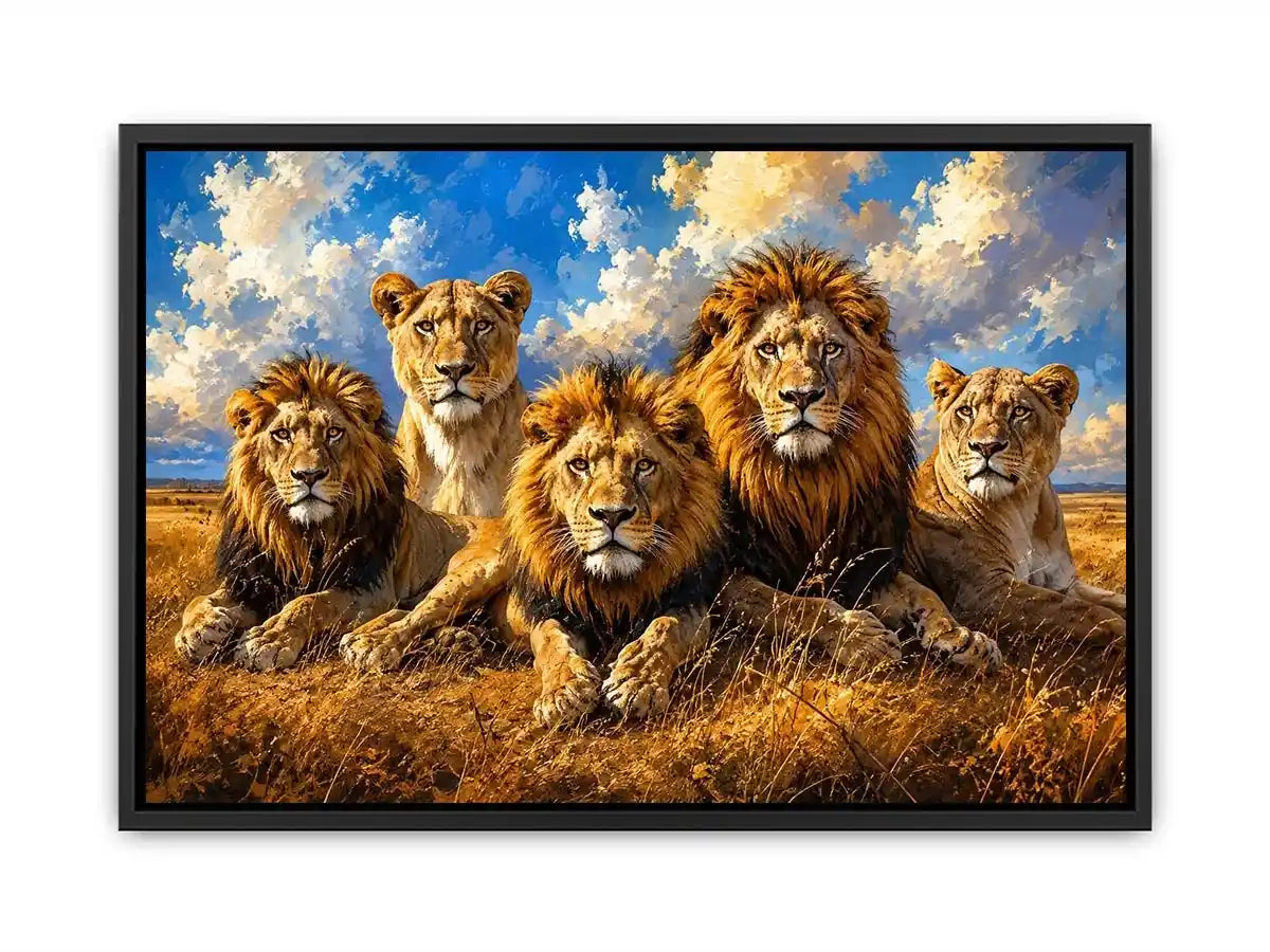 Pride of lions in golden savanna
