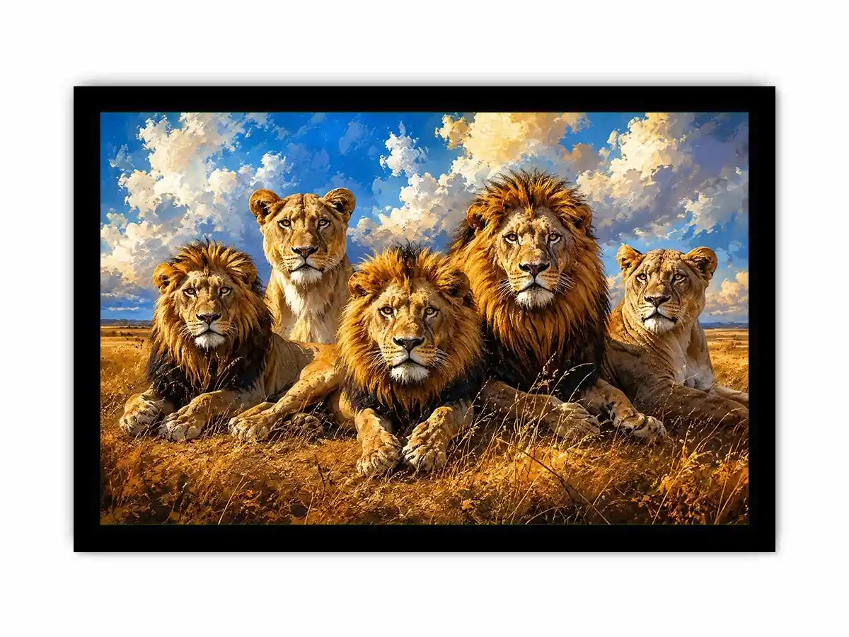 Pride of lions in golden savanna