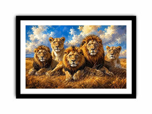 Pride of lions in golden savanna