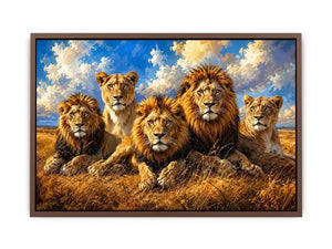 Pride of lions in golden savanna