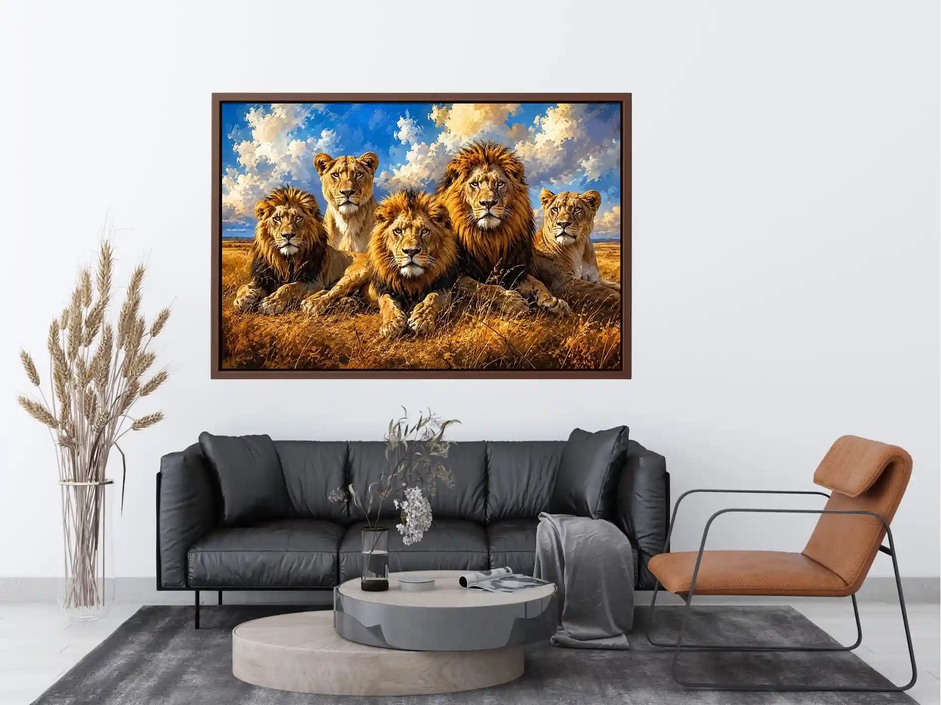 Pride of lions in golden savanna