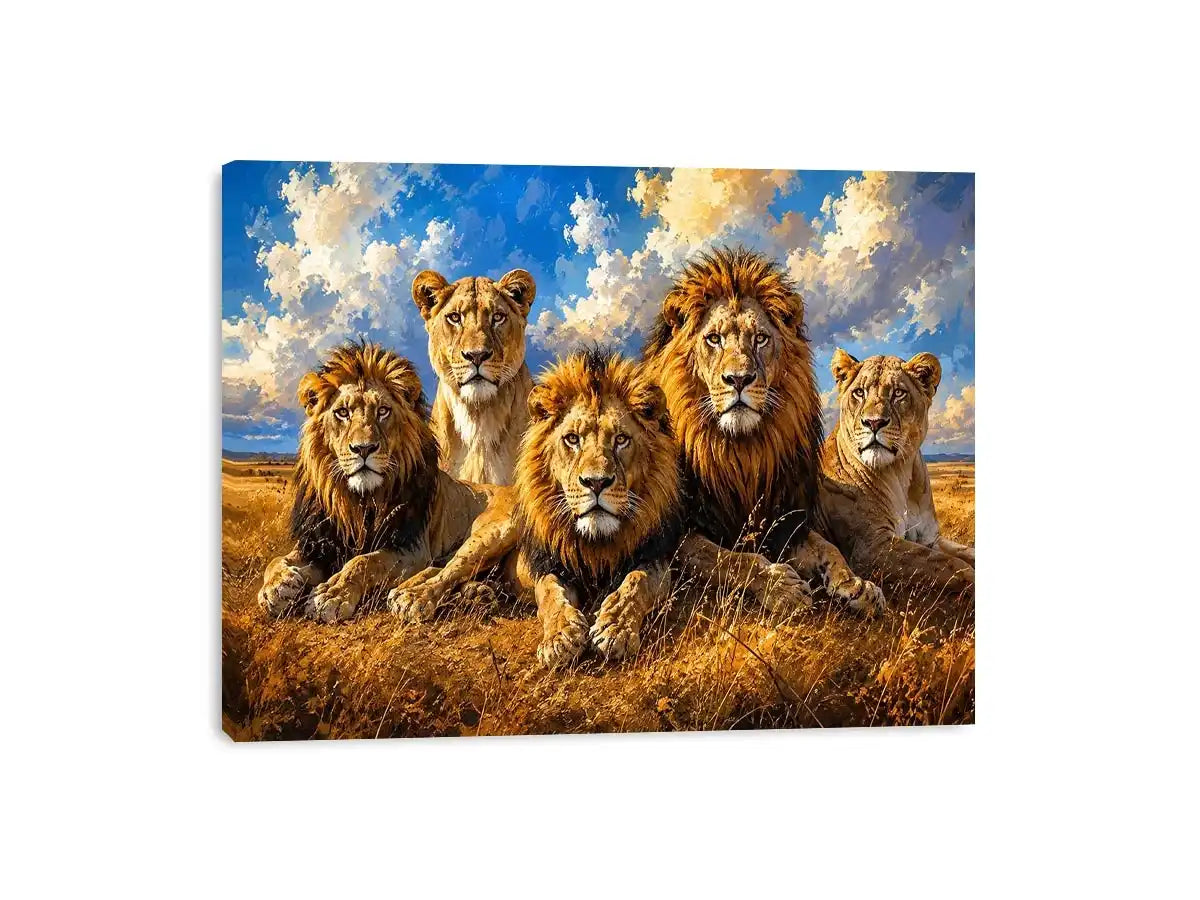 Pride of lions in golden savanna