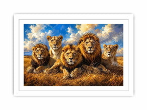 Pride of lions in golden savanna