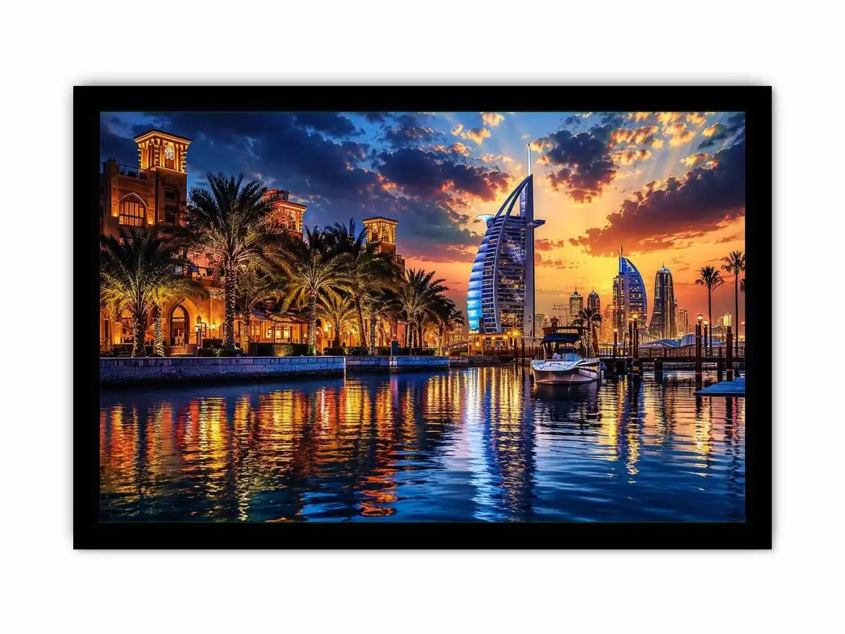 Twilight marina with modern skyline