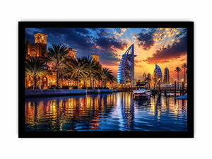 Twilight marina with modern skyline