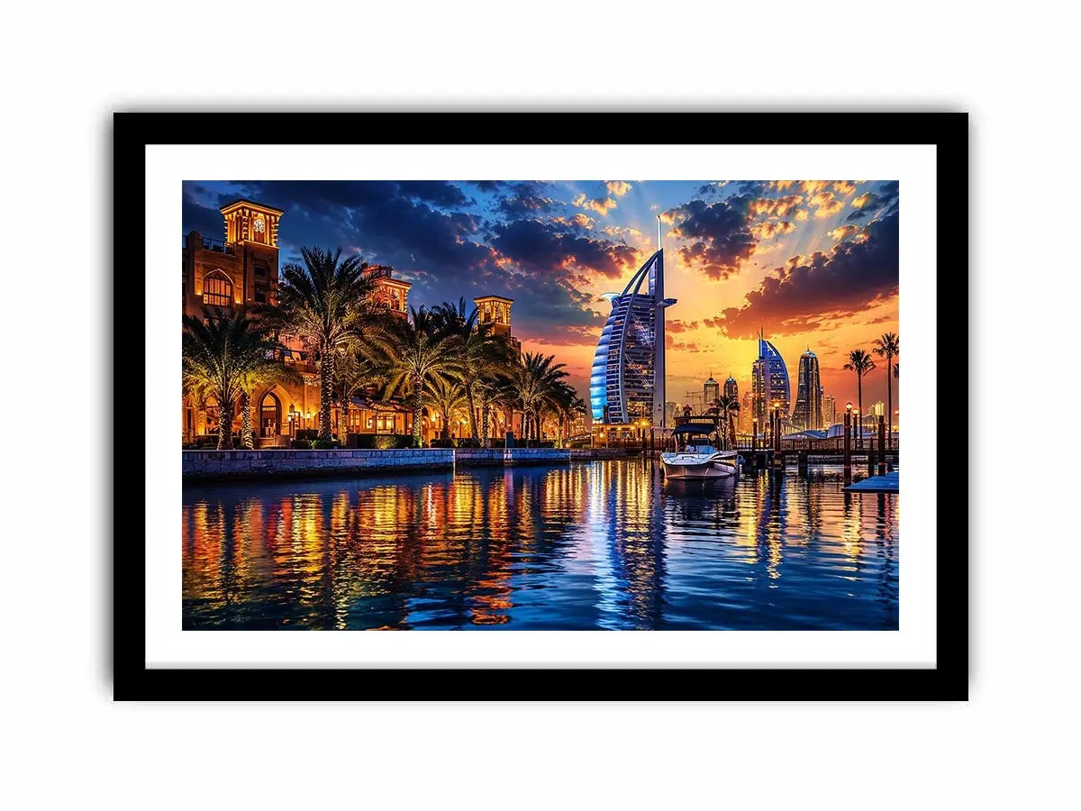 Twilight marina with modern skyline