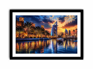 Twilight marina with modern skyline