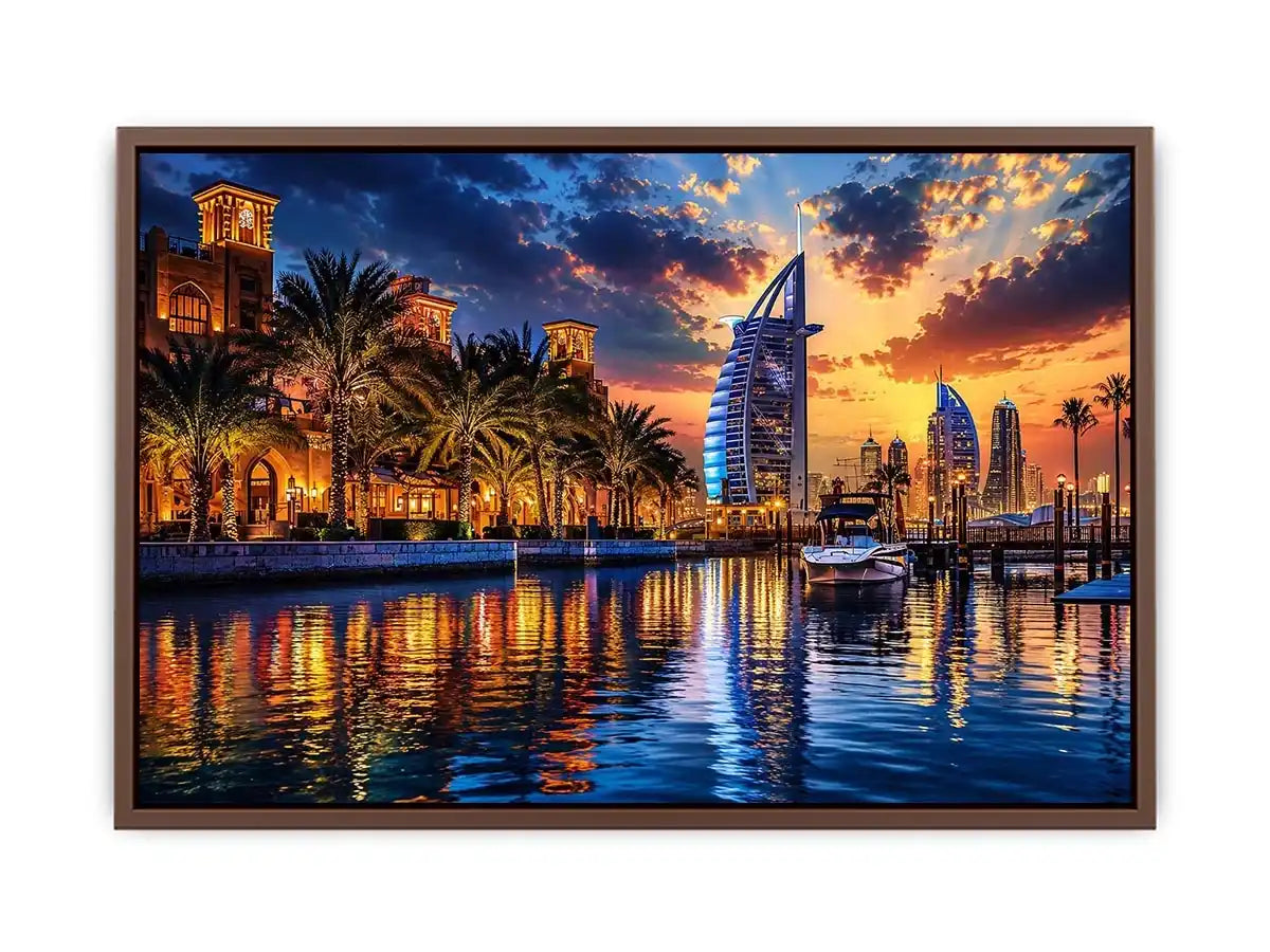 Twilight marina with modern skyline