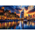 Twilight marina with modern skyline