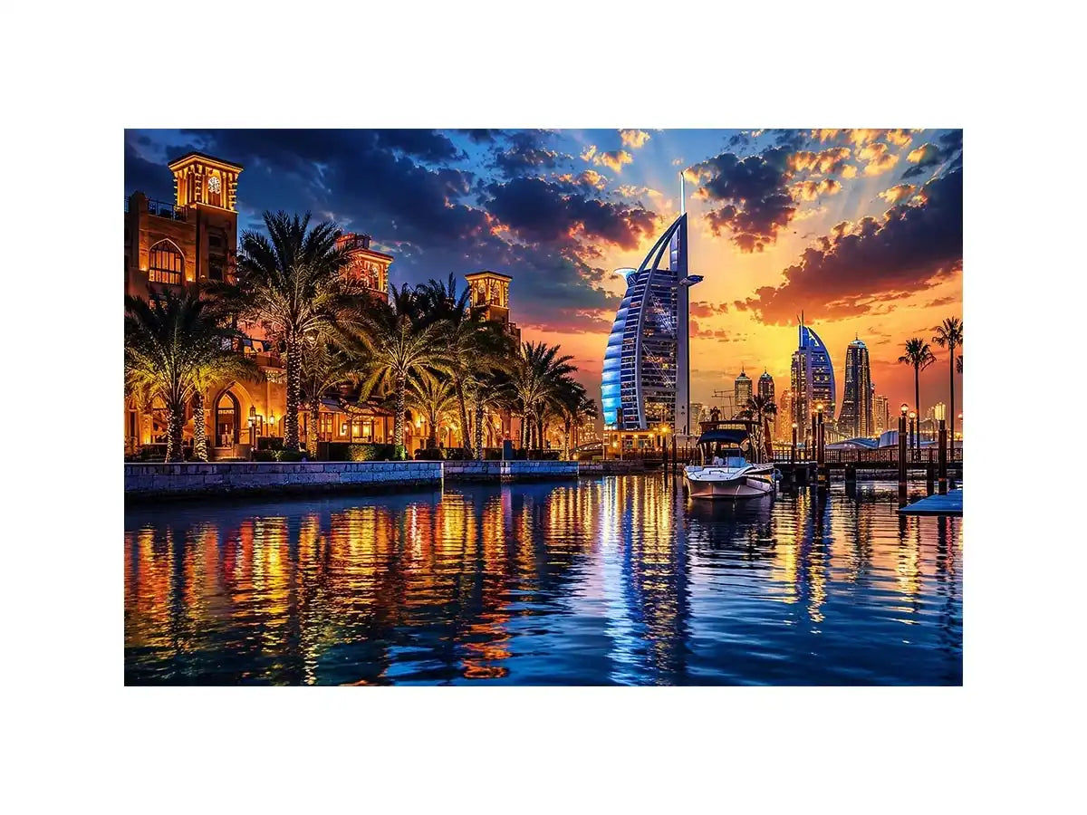 Twilight marina with modern skyline