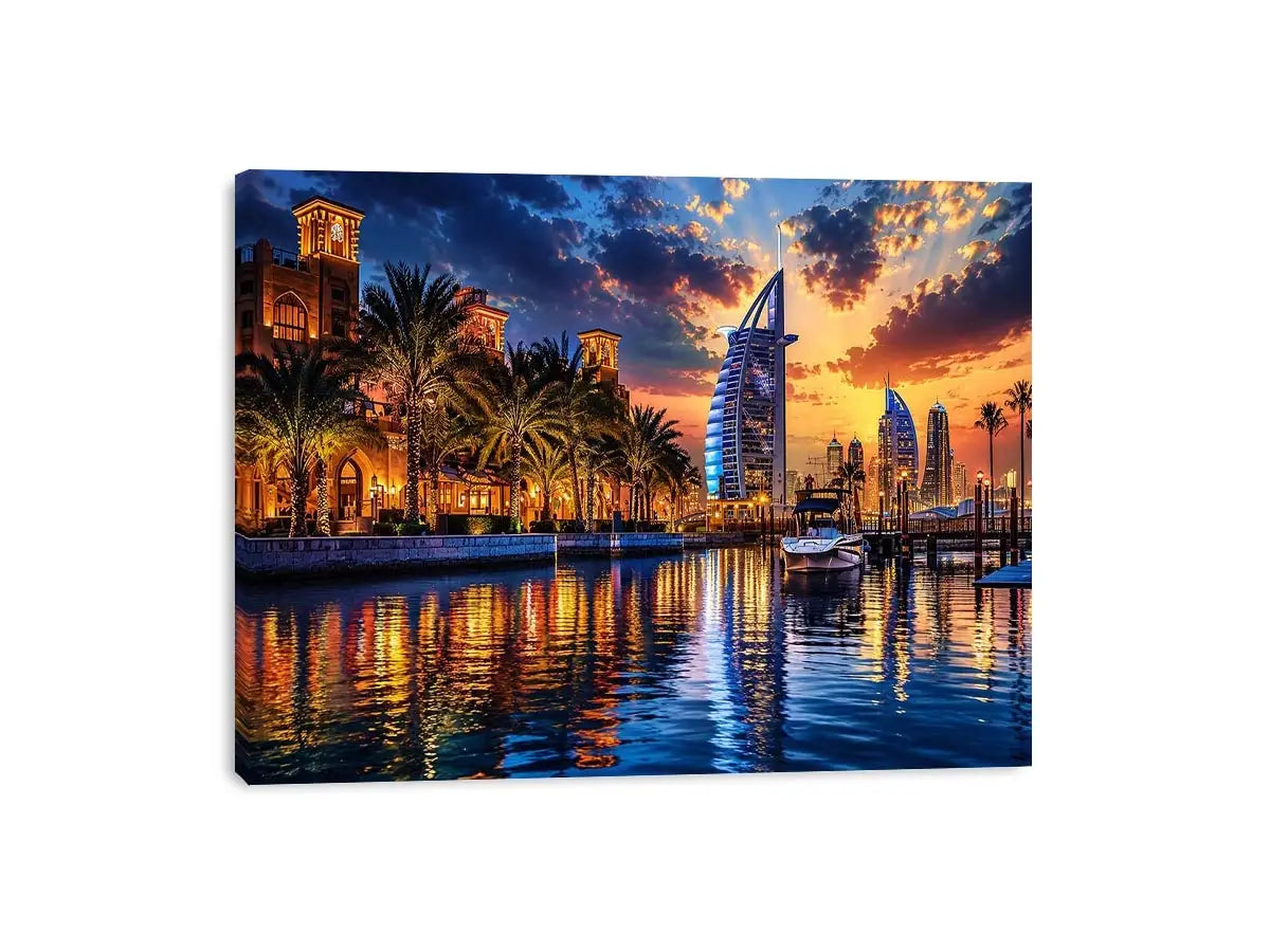 Twilight marina with modern skyline