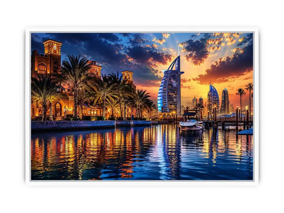 Twilight marina with modern skyline