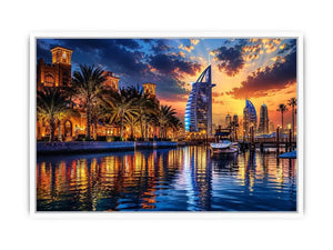 Twilight marina with modern skyline