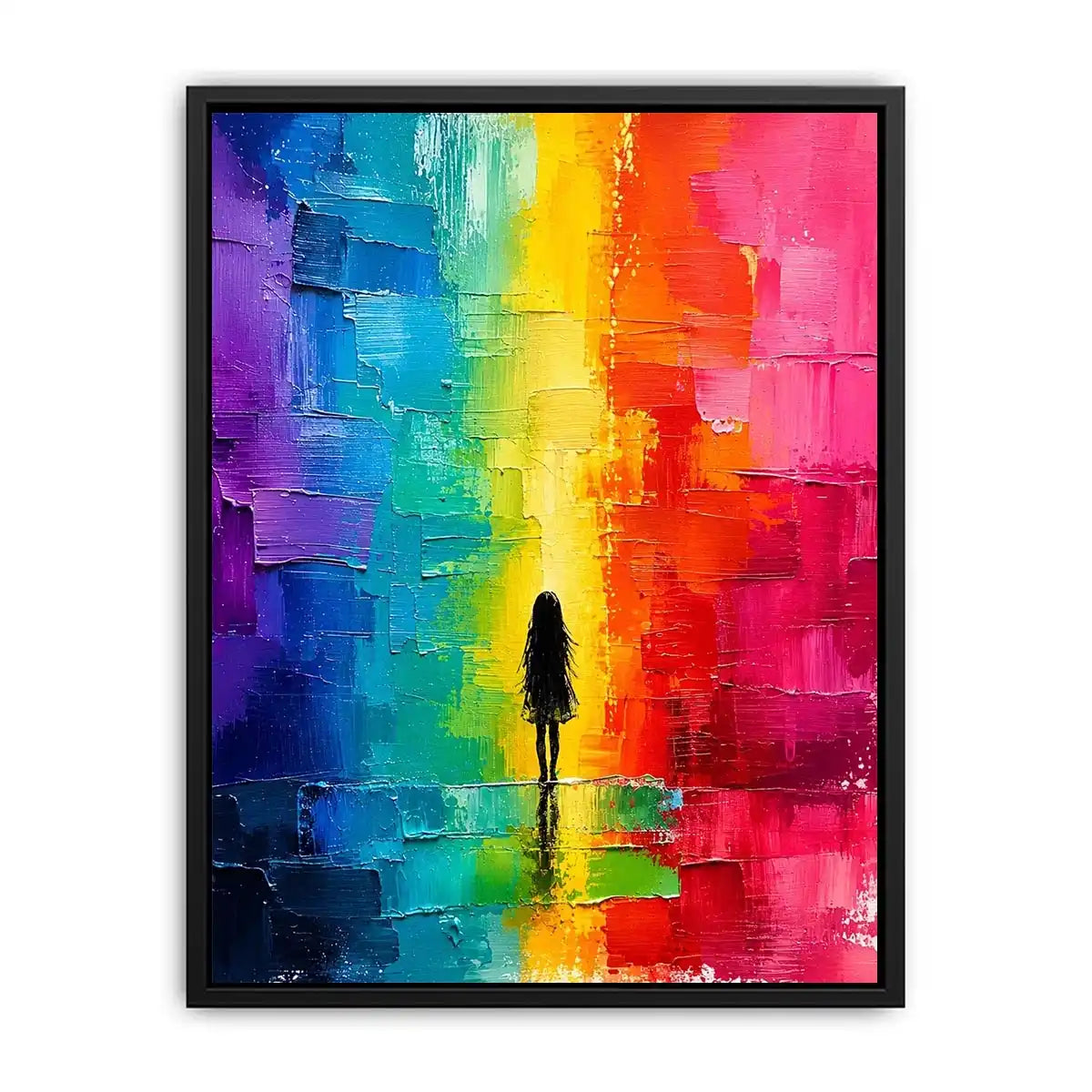 Contemplative figure in glowing rainbow hues