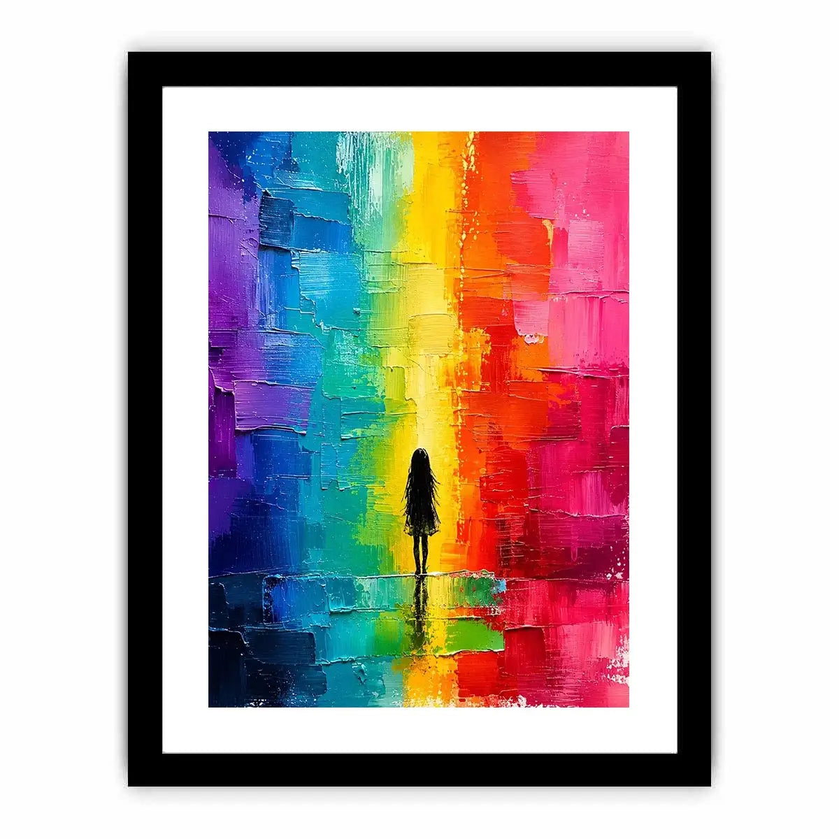 Contemplative figure in glowing rainbow hues