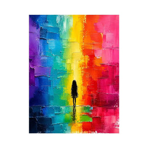 Contemplative figure in glowing rainbow hues