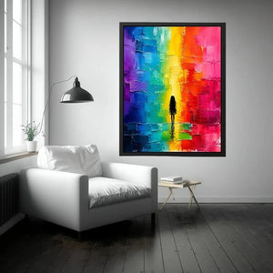 Contemplative figure in glowing rainbow hues