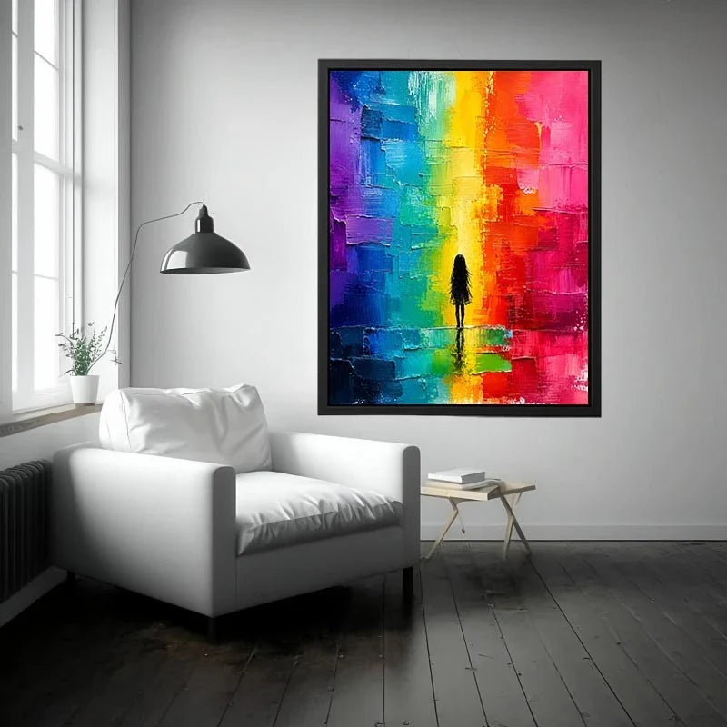 Contemplative figure in glowing rainbow hues