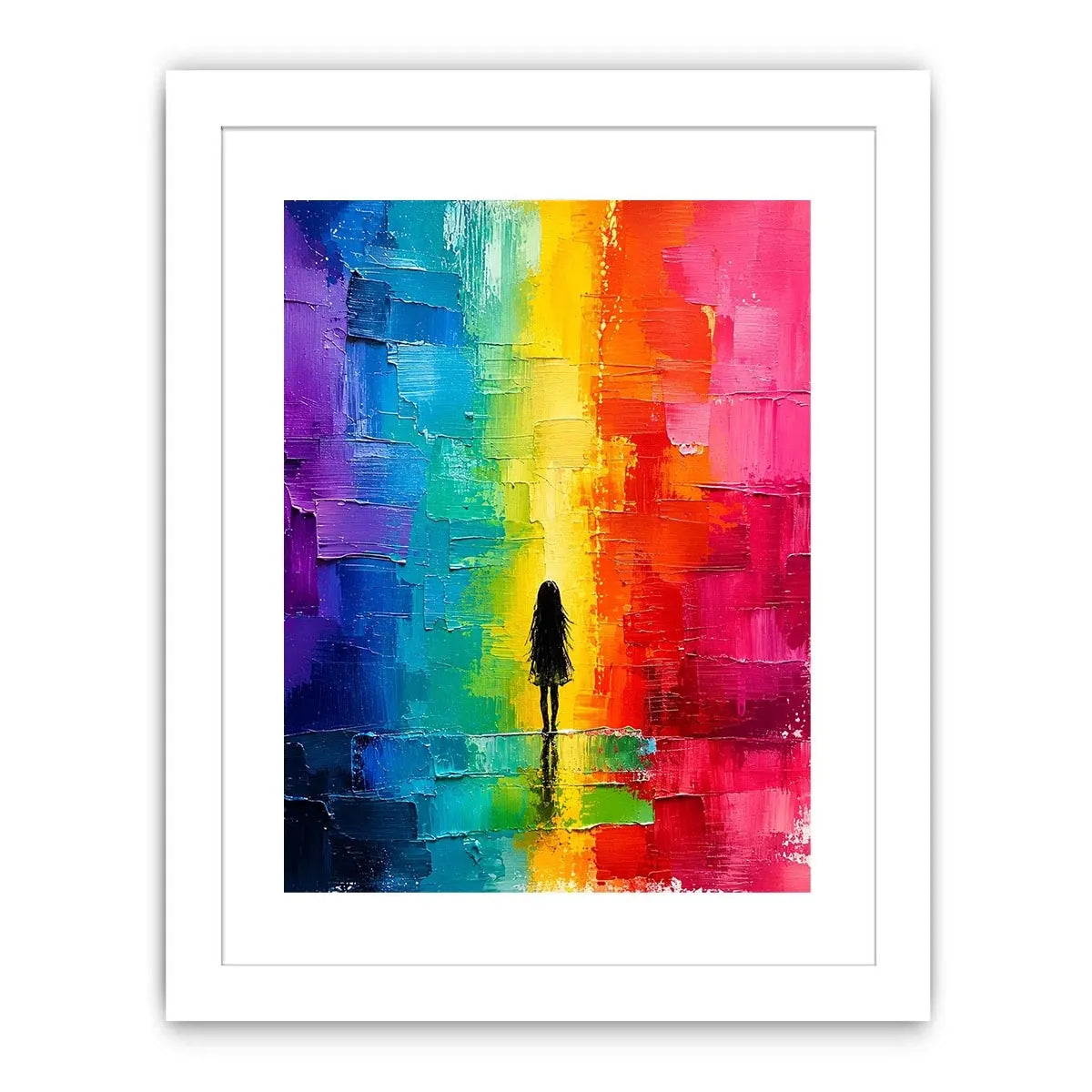 Contemplative figure in glowing rainbow hues