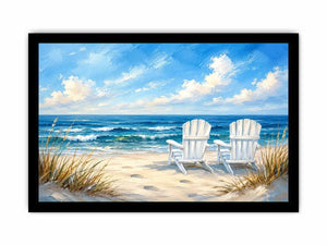 Peaceful beach view with Adirondack chairs