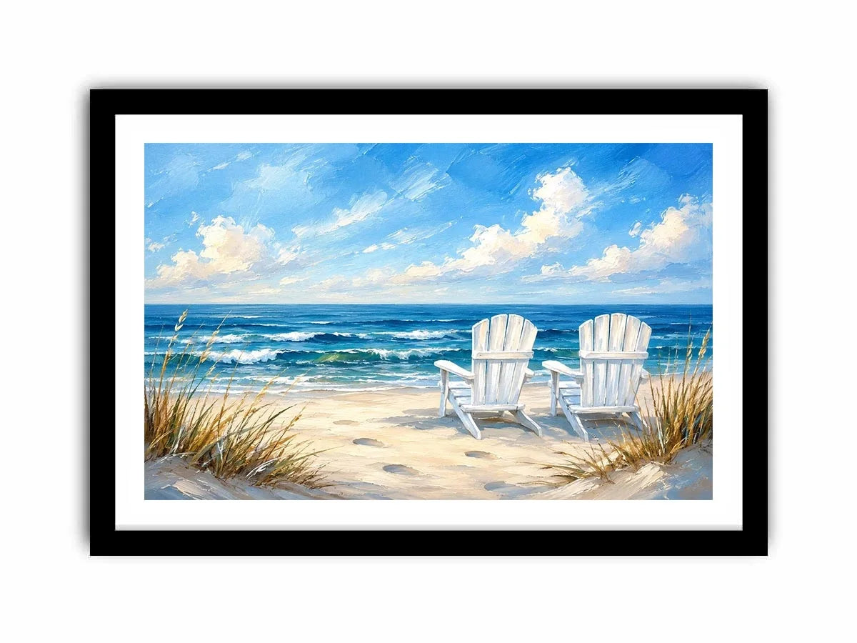Peaceful beach view with Adirondack chairs