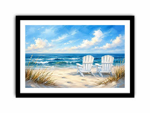 Peaceful beach view with Adirondack chairs