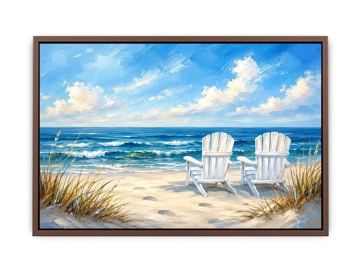 Peaceful beach view with Adirondack chairs