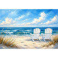 Peaceful beach view with Adirondack chairs