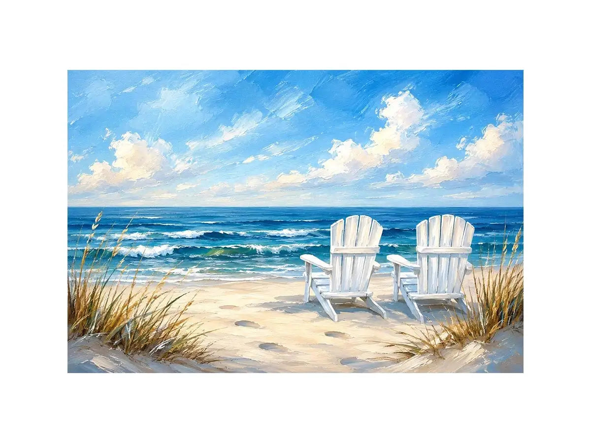 Peaceful beach view with Adirondack chairs