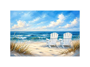 Peaceful beach view with Adirondack chairs