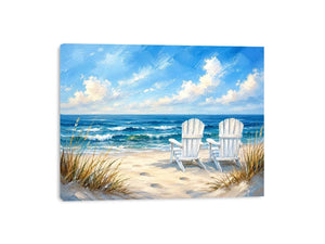 Peaceful beach view with Adirondack chairs