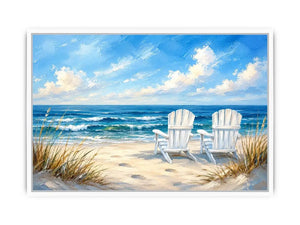 Peaceful beach view with Adirondack chairs